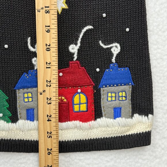 VTG Christmas Flying Santa Reindeer Sky Sweater Vest Black Grandma Teacher Sz L - Picture 10 of 10